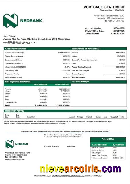 Mozambique Nedbank Moçambique mortgage statement Word and PDF template